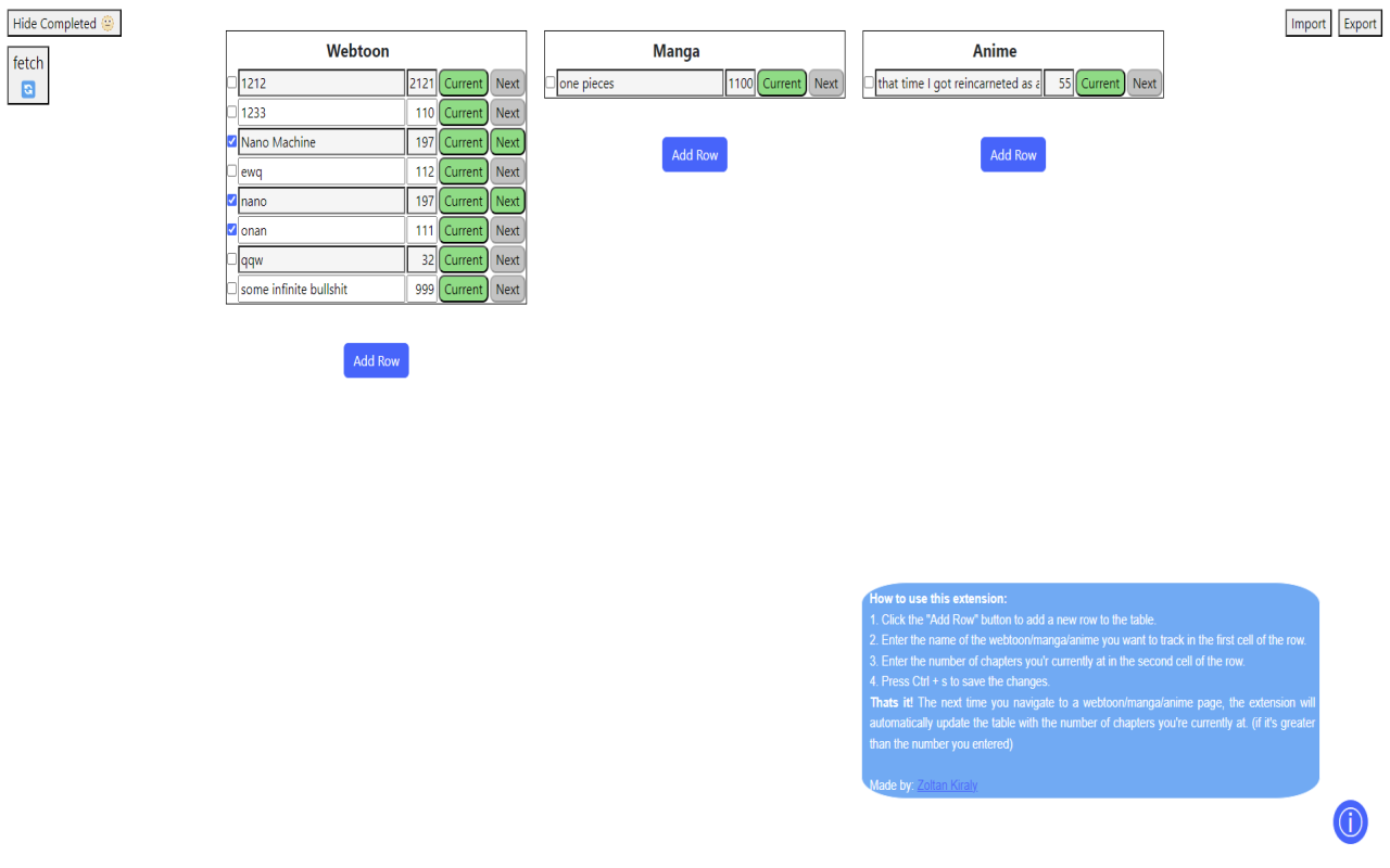 An image of the Webtoon Tracker Extension 2.0 interface.